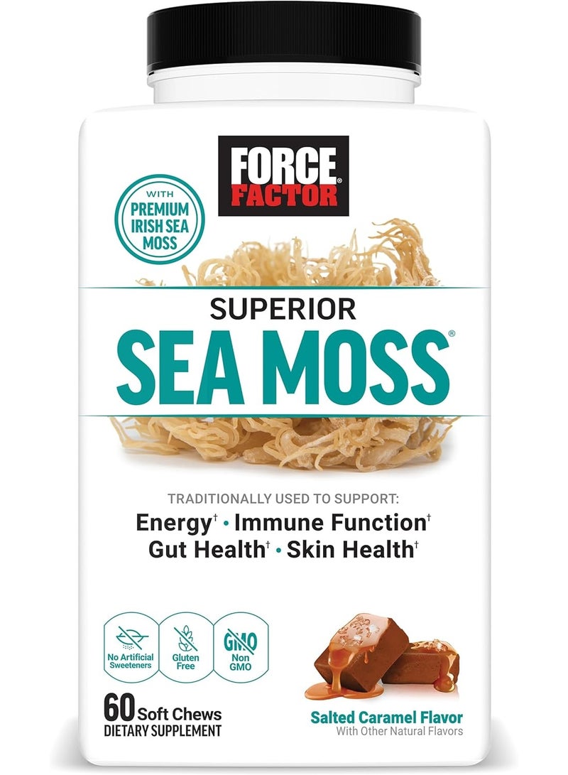 فورس فاكتور سوبيريور سي موس، موس البحر الأيرلندي الفاخر لدعم الطاقة، وظيفة المناعة، صحة الأمعاء، وصحة الجلد، غير معدّل وراثيًا، خالي من الغلوتين، بنكهة الكراميل المملح، 60 قطعة لينة